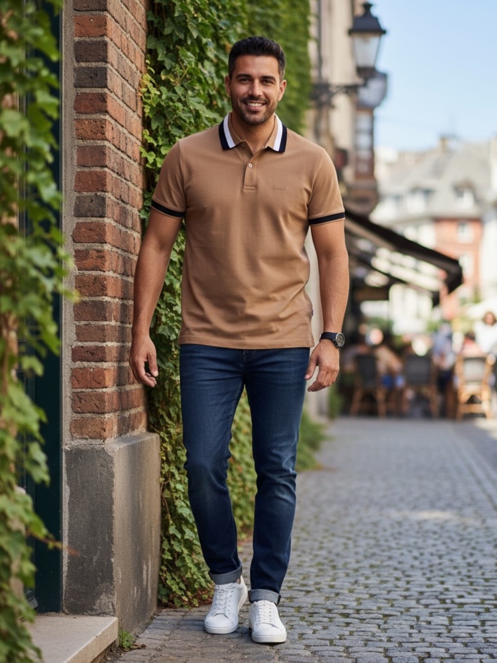 • Boss • Mens Short Sleeve Polo Tan/Brown with Black and White Stripe Medium